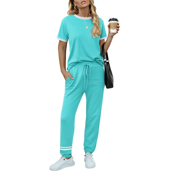 MOSHU Womens Two Piece Outfits Short Sleeve Color Block Tops Long Pants with Drawstring Tracksuit Jogger Sets
