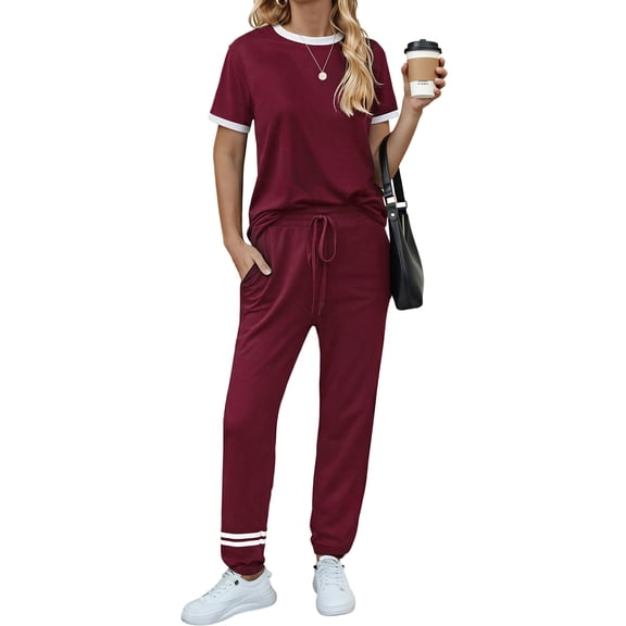MOSHU Womens Two Piece Outfits Short Sleeve Color Block Tops Long Pants with Drawstring Tracksuit Jogger Sets