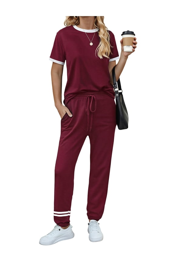 Womens Two Piece Outfits Short Sleeve Color Block Tops Long Pants with Drawstring Tracksuit Jogger Sets