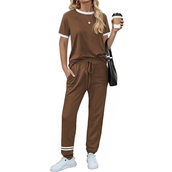 MOSHU Womens Two Piece Outfits Short Sleeve Color Block Tops Long Pants with Drawstring Tracksuit Jogger Sets