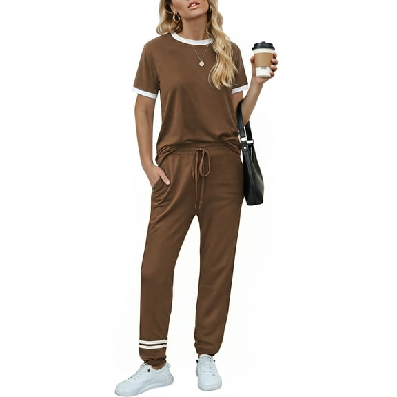 MOSHU Womens Two Piece Outfits Short Sleeve Color Block Tops Long Pants with Drawstring Tracksuit Jogger Sets