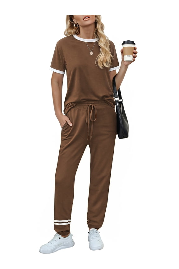Womens Two Piece Outfits Short Sleeve Color Block Tops Long Pants with Drawstring Tracksuit Jogger Sets
