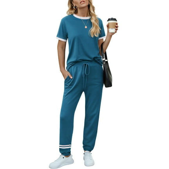MOSHU Womens Two Piece Outfits Short Sleeve Color Block Tops Long Pants with Drawstring Tracksuit Jogger Sets