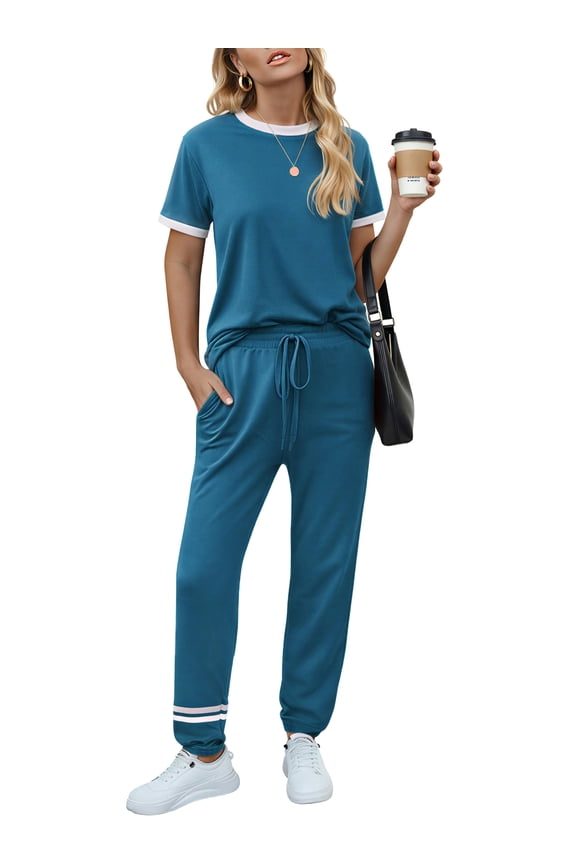 Womens Two Piece Outfits Short Sleeve Color Block Tops Long Pants with Drawstring Tracksuit Jogger Sets