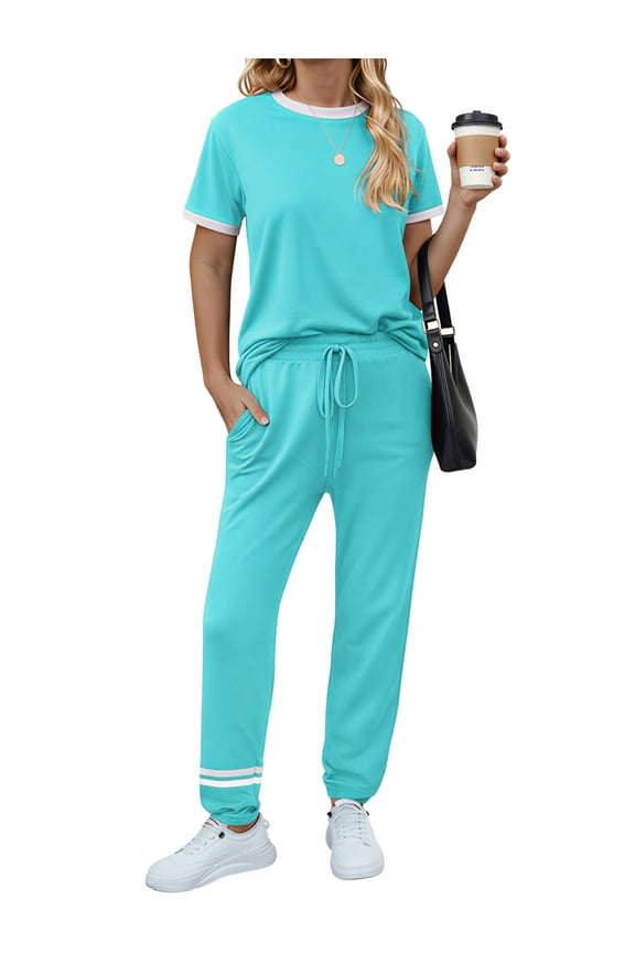 Womens Two Piece Outfits Plus Size Sets Short Sleeve Color Block Tops Long Pants with Drawstring Tracksuit Jogger