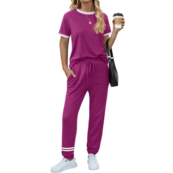 MOSHU Womens Two Piece Outfits Short Sleeve Color Block Tops Long Pants with Drawstring Tracksuit Jogger Sets