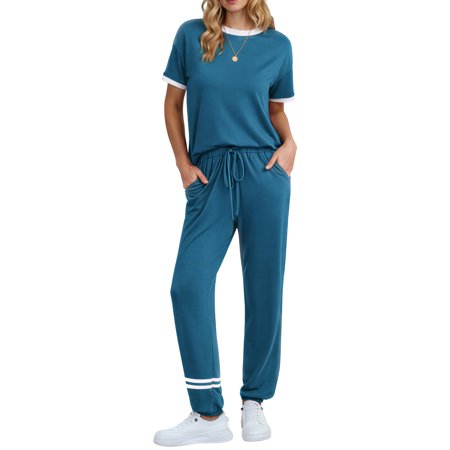 MOSHU Womens Two Piece Outfits Short Sleeve Color Block Tops Long Pants with Drawstring Tracksuit Jogger Sets