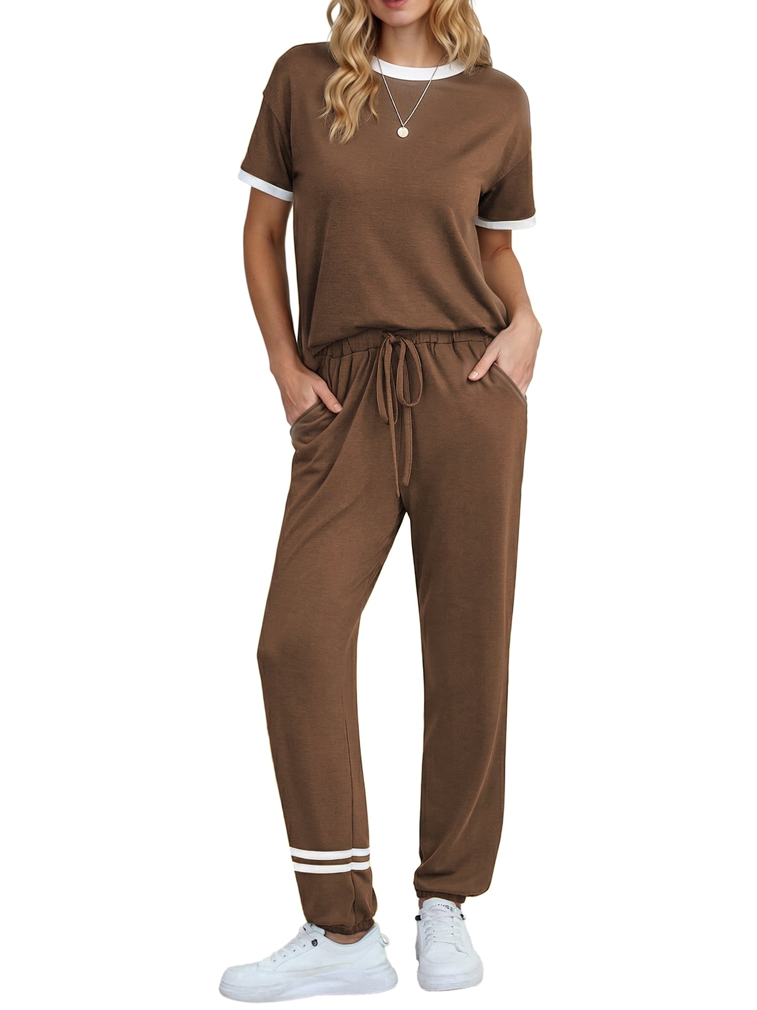Womens Two Piece Outfits Short Sleeve Color Block Tops Long Pants with Drawstring Tracksuit Jogger Sets