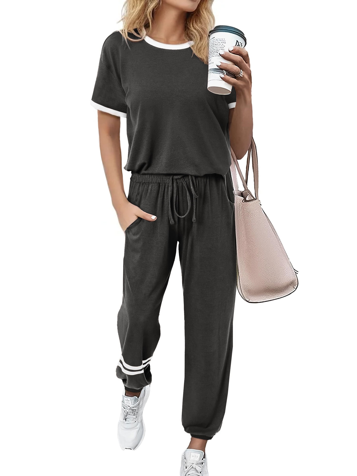 MOSHU Womens Two Piece Outfits Short Sleeve Color Block Tops Long Pants with Drawstring Tracksuit Jogger Sets