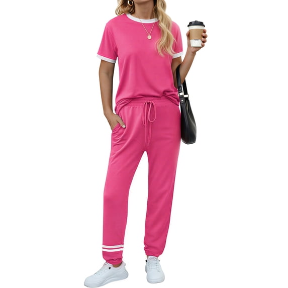 MOSHU Womens Two Piece Outfits Short Sleeve Color Block Tops Long Pants with Drawstring Tracksuit Jogger Sets