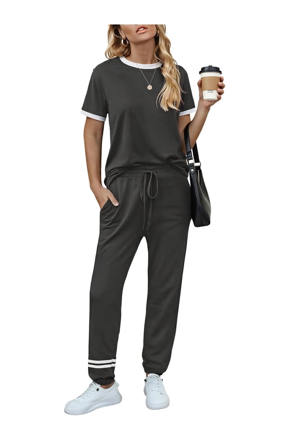 Womens Two Piece Outfits Short Sleeve Color Block Tops Long Pants with Drawstring Tracksuit Jogger Sets