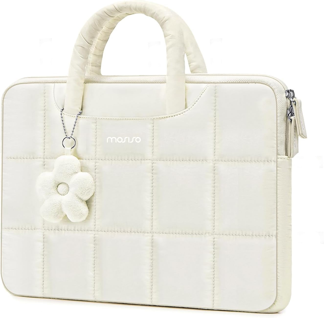 MOSISO 13-14 inch Laptop Case, 13.3 inch Puffy Laptop Sleeve Compatible with MacBook Air 13 13.6/Pro 13/Pro 14,HP Acer Dell ASUS Lenovo, Rectangle Quilted Computer Bag with Handle&Flower Pendant