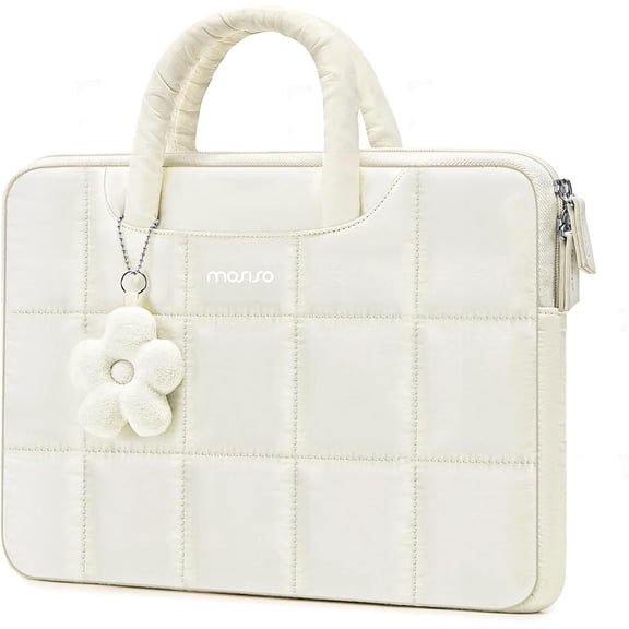 MOSISO 13-14 inch Laptop Case, 13.3 inch Puffy Laptop Sleeve Compatible with MacBook Air 13 13.6/Pro 13/Pro 14,HP Acer Dell ASUS Lenovo, Rectangle Quilted Computer Bag with Handle&Flower Pendant