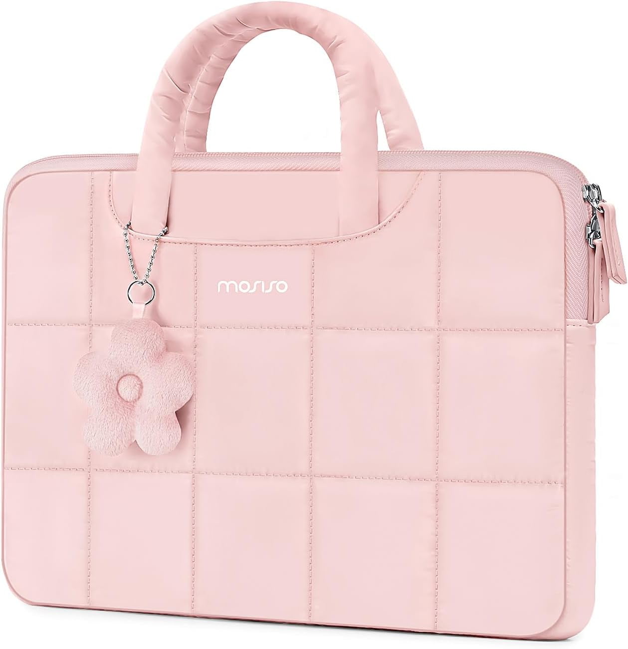MOSISO 13-14 inch Laptop Case, 13.3 inch Puffy Laptop Sleeve Compatible with MacBook Air 13 13.6/Pro 13/Pro 14,HP Acer Dell ASUS Lenovo, Rectangle Quilted Computer Bag with Handle&Flower Pendant