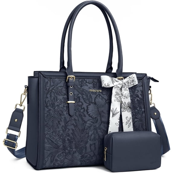 MOSISO 15.6-16 Inch Laptop Tote Bag for Women, PU Leather Computer Bag with Clutch Purse & Silk Scarf, Floral Embossed Work Bag Compatible with MacBook, HP, Dell & Asus