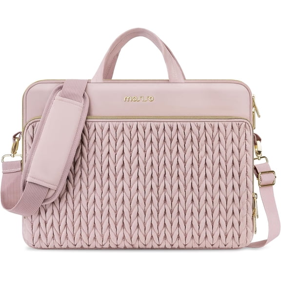 MOSISO 15.6 inch Laptop Shoulder Bag, 15-16 Computer Bags Compatible with MacBook Pro 16 M4 M3 M2 M1, HP Dell Acer Lenovo ASUS Notebook, Wheat Ear Quilted Messenger Bag Handle&Pocket, Pink