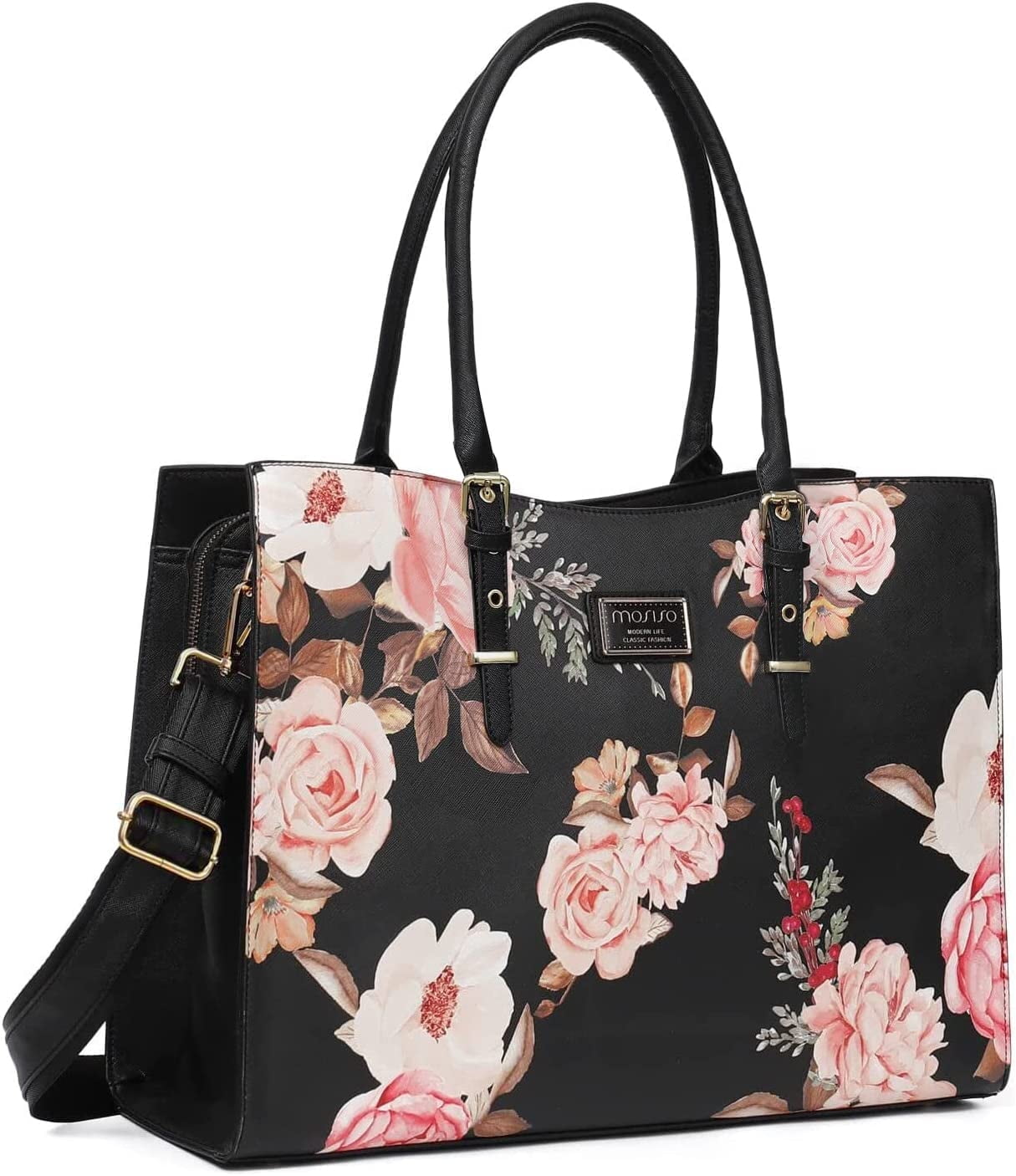 MOSISO 17.3 inch Laptop Tote Bag PU Leather Peony Briefcase with Adjustable Handle