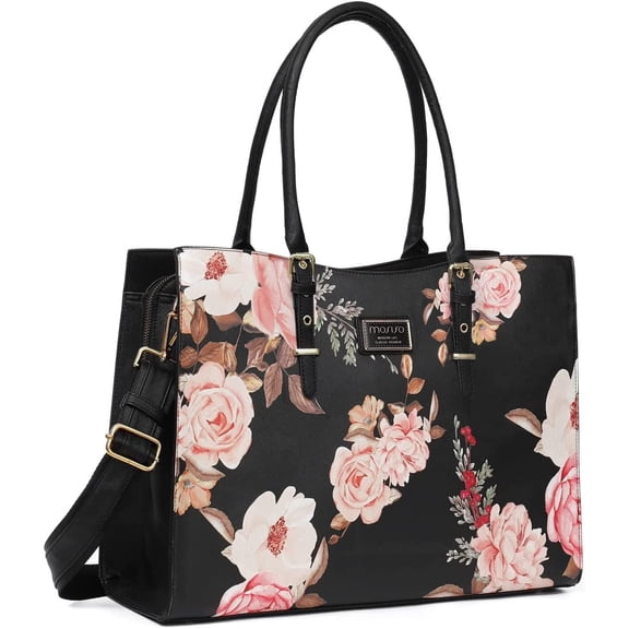 MOSISO 17.3 inch Laptop Tote Bag PU Leather Peony Briefcase with Adjustable Handle