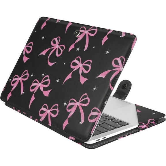 MOSISO Case Compatible with MacBook Air 13 inch M4 M3 M2 M1 2025-2018/Pro 13 inch M2 M1 2025-2016, Pink Bows PU Leather Portfolio Protective Stand Cover