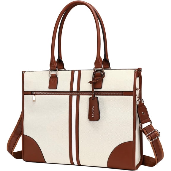 MOSISO Laptop Bag for Women, 15.6 inch PU Leather Laptop Tote Work Bag Purse with Front Zipper Pocket, Large Capacity Waterproof Patchwork Stripe Computer Briefcase for Business Office Work