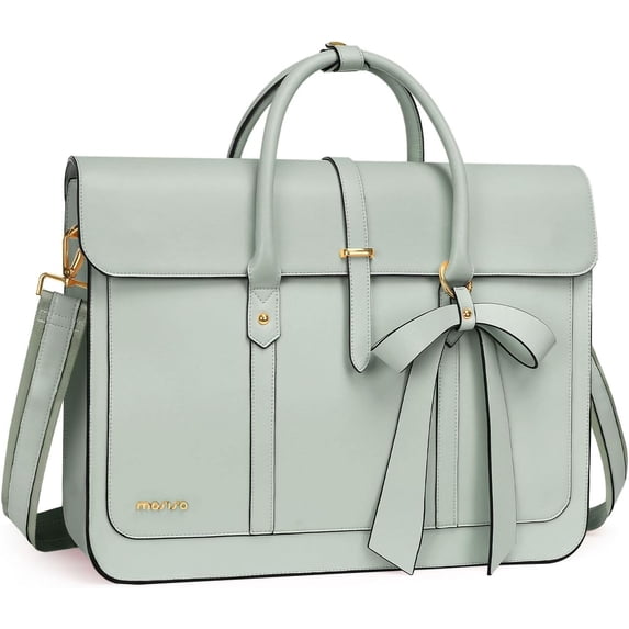 MOSISO Laptop Bag for Women, 17 inch PU Leather Laptop Shoulder Bags Convertible Backpack, 17.3 inch Messenger Bags Casual Handbag Work Briefcase Travel Computer Bag with Bowknot,Sage Green