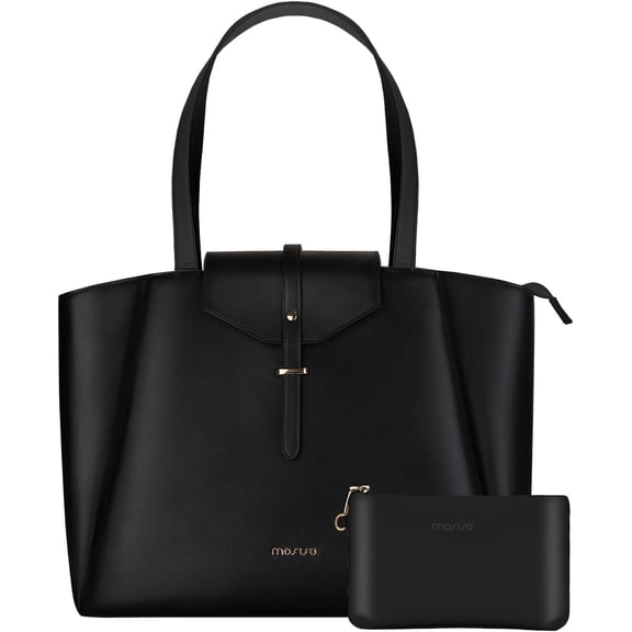 MOSISO Laptop Tote Bag for Women, 15.6 inch PU Leather Work Laptop Bag with Flap Buckle & Clutch Purse, Large Capacity Computer Shoulder Handbag for Casual Business Travel