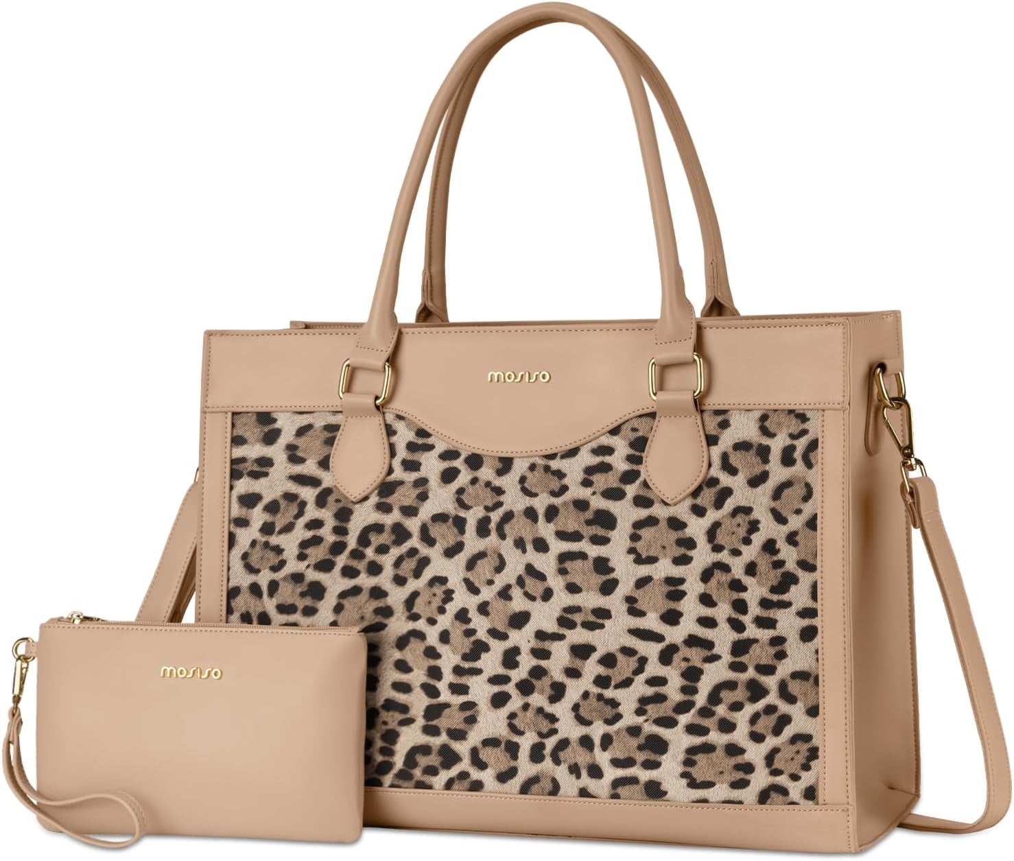 MOSISO Laptop Tote Bag for Women,15.6 inch PU Leather Leopard Grain Business Office Work Briefcase