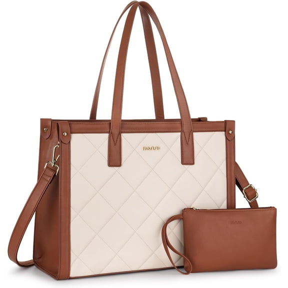 MOSISO Laptop Tote Bag for Women, 15.6 inch PU Leather Shoulder Bags Waterproof Computer Bag Work Briefcase for Business Office Travel, Brown