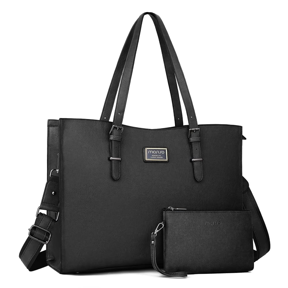 MOSISO Laptop Tote Bags for Women 15.6 inch laptops Curved Waterproof PU Leather Briefcase with Small Pouch