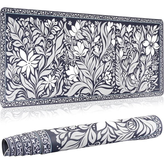 MOSISO Large Mouse Pad Gaming Mousepad, 90 x 40 cm Retro Ink Print Flowers PU Leather Mousepad with Anti-Slip Base&Stitched Edges, Keyboard Pad Mouse Mat for Desktop/Office/Home