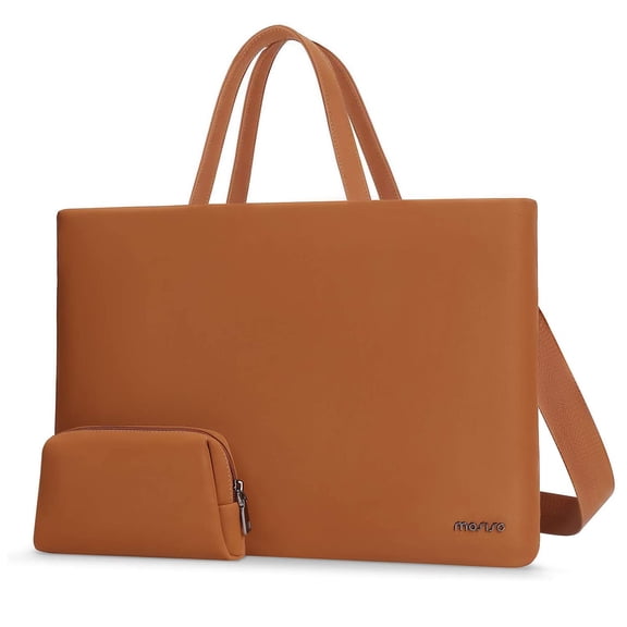 MOSISO Waterproof PU Leather 15.6 inch Laptop Tote Bag with Small Case, Brown
