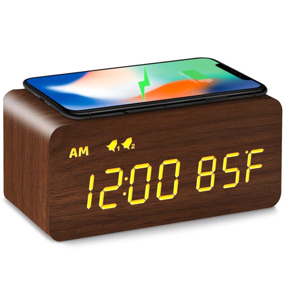 MOSITO Digital Wooden Alarm Clock with Wireless Charging, 0-100% Dimmer, Dual Alarm, Weekday/Weekend Mode, Snooze, Wood LED Clocks for Bedroom, Bedside, Desk, Kids (Brown)