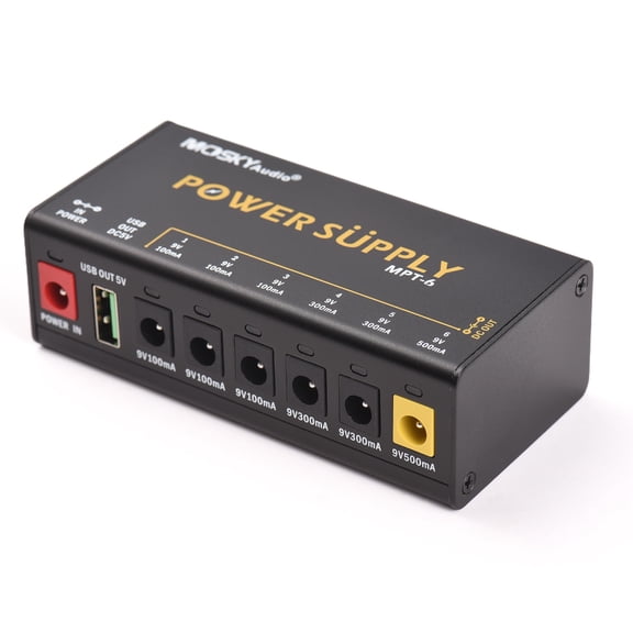 MOSKYAUDIO 6-Channel Guitar Pedal Power Supply with Independent Short Circuit Protection, LED Power Indicator, Premium Pedalboard Station for Effects & Devices (EU Plug, Black) 4.1x2x1.3in / 10x5cm