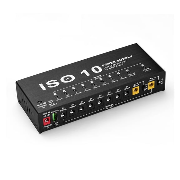 MOSKYAudio ISO-10 Portable Guitar Effect Power Supply Station 10 Isolated DC Outputs & One 5V USB Output for 9V 12V 18V Pedals (EU Plug)