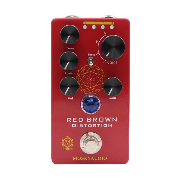 MOSKYaudio RED BROWN Distortion Guitar Bass Effect Pedal 4-Mode VOICE Switch Tone/Contour/Volume/Gain Boost Toggle True Bypass