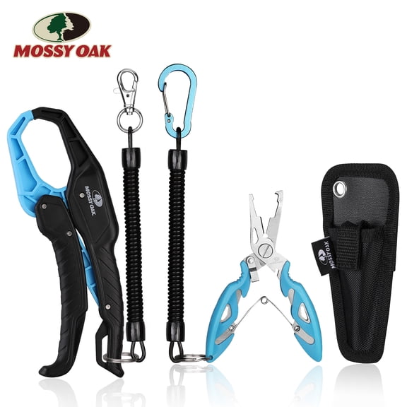 MOSSY OAK 2PC Fishing Tool Kit, Fishing Pliers & Fish Lip Gripper with Lanyards, Storage Pouch Included, Blue