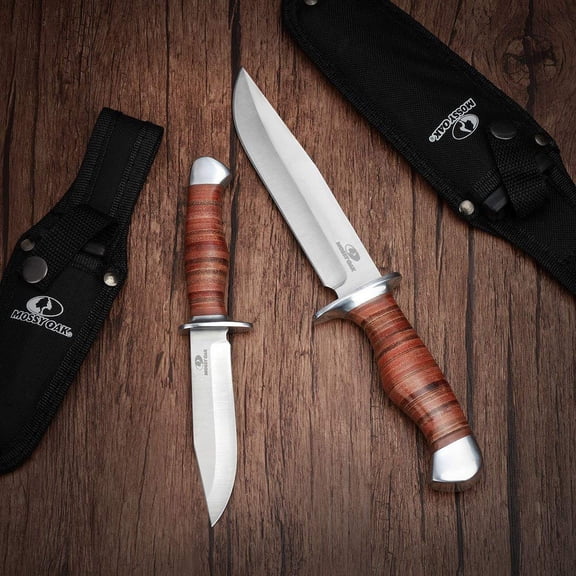 MOSSY OAK 2PCS Fixed Blade Bowie Knife Hunting Knife with Leather Handle, Sheath