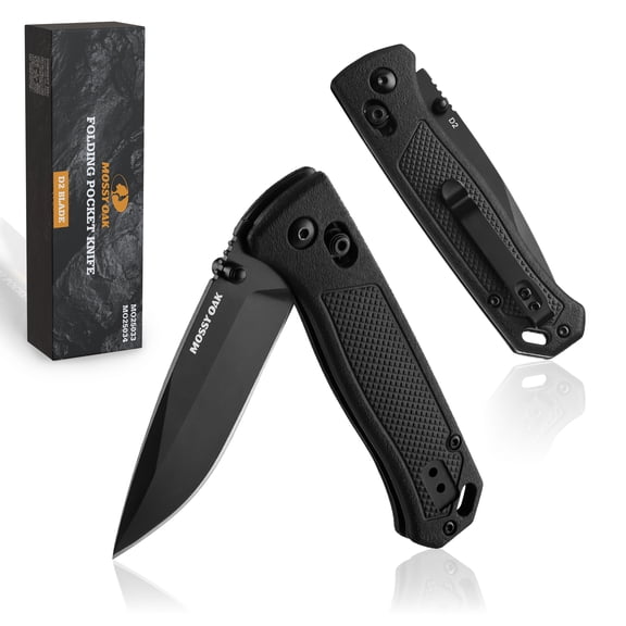 MOSSY OAK Folding Pocket Knife, 3" D2 Steel Blade, Crossbar Lock, Lightweight EDC Knife with Pocket Clip, Nylon Handle, Camping & Hiking, Black