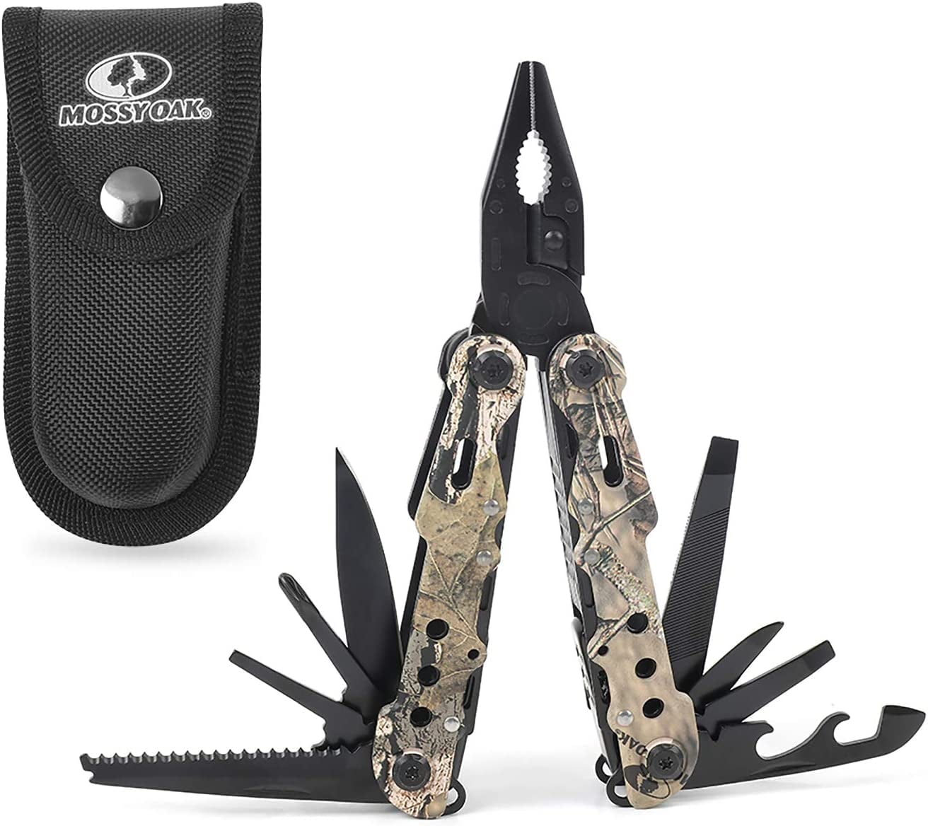 MOSSY OAK Multi-tool - 13 in 1 Multi Function Pliers - Folding Pocket Tool with Sheath, Camo - Portable Pocket Knife for Outdoors, Survival, Camping, Fishing, Hunting, Hiking
