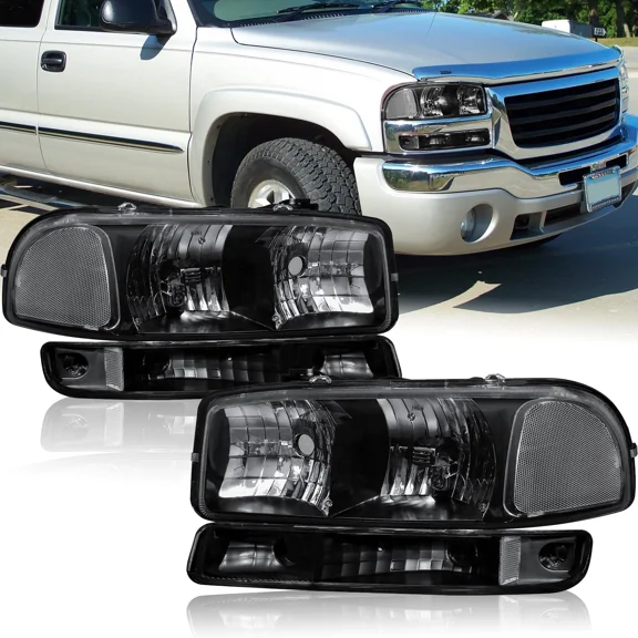 MOSTPLUS 2PCS Black Front Headlights & Bumper Assembly for 99-2006 GMC Sierra Yukon