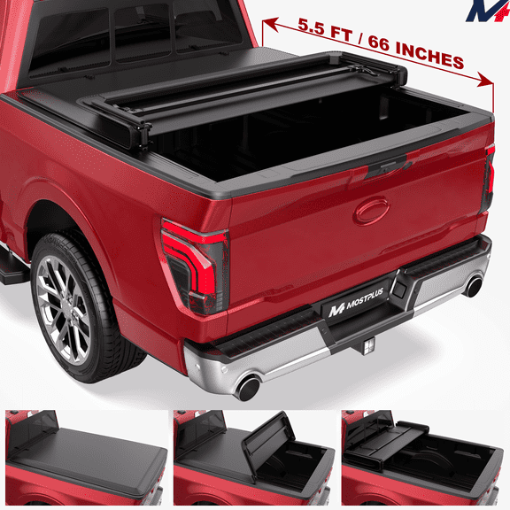 MOSTPLUS 3-Fold 5.5FT Soft Tonneau Cover for 2015-2026 Ford F150 Truck Bed w/LED
