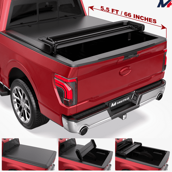 MOSTPLUS 4-Fold 5.5FT Quad Fold Soft Tonneau Cover for 2015-2024 Ford F150 F-150 Truck Bed w/LED
