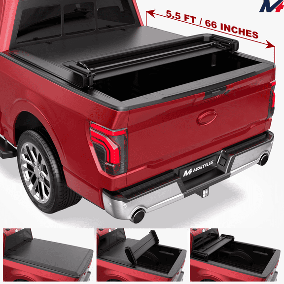 MOSTPLUS 4-Fold 5.5FT Quad Fold Soft Tonneau Cover for 2015-2026 Ford F150 F-150 Truck Bed w/LED