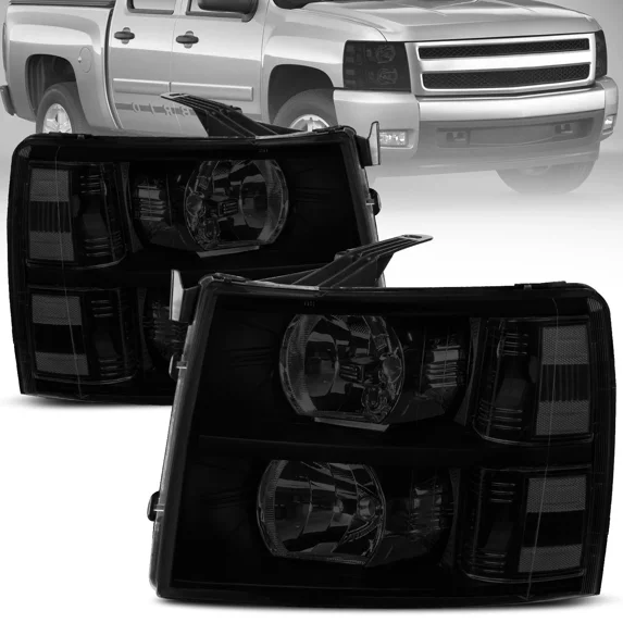 MOSTPLUS Pair Black Headlights Smoke Lens for 2007-2013 Chevy Silverado 1500 2500 3500 w/ Clear Corner