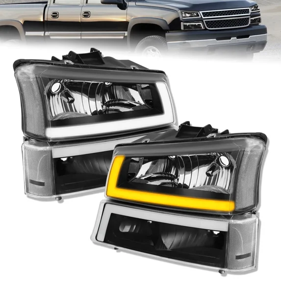 MOSTPLUS Black Headlights Sequential Signal for 2003-06 Chevy Avalanche Silverado 1500 2500