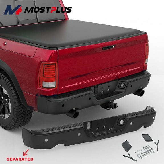 MOSTPLUS Black Rear Bumper for 2009-2018 Dodge Ram 1500 w/ Dual Exhaust & Sensor Holes