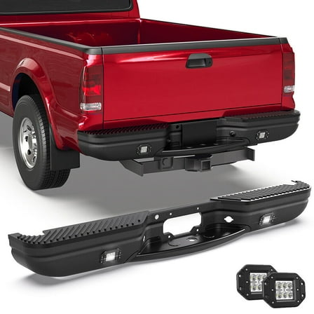 MOSTPLUS Black Steel Rear Step Bumper w/ Light for 1997-2004 Ford F150 1997-1999 F250
