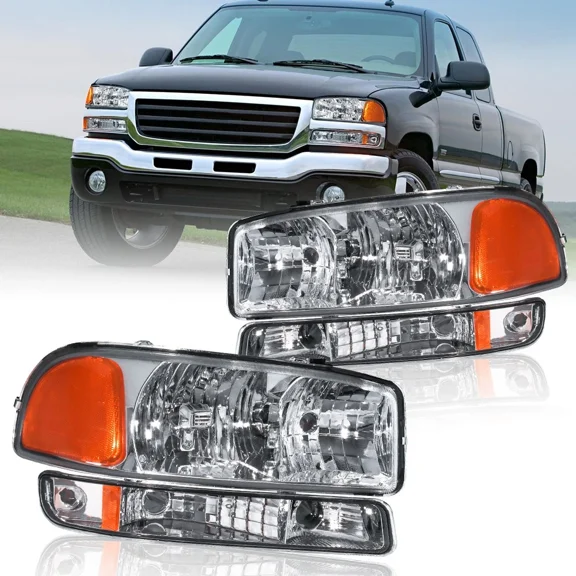 MOSTPLUS Chrome Housing Amber Corner Headlights for 1999-2007 GMC Sierra 1500 Yukon XL