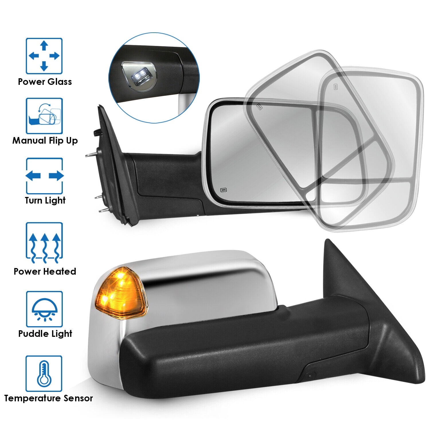 MOSTPLUS Chrome Power Heated Tow Mirrors w/ Temperature Sensor for 2009-18 Ram 1500/2500/3500