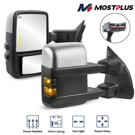 MOSTPLUS Chrome Tow Mirrors Power Heated Turn Signal for 99-07 Ford F250-F550 Super Duty
